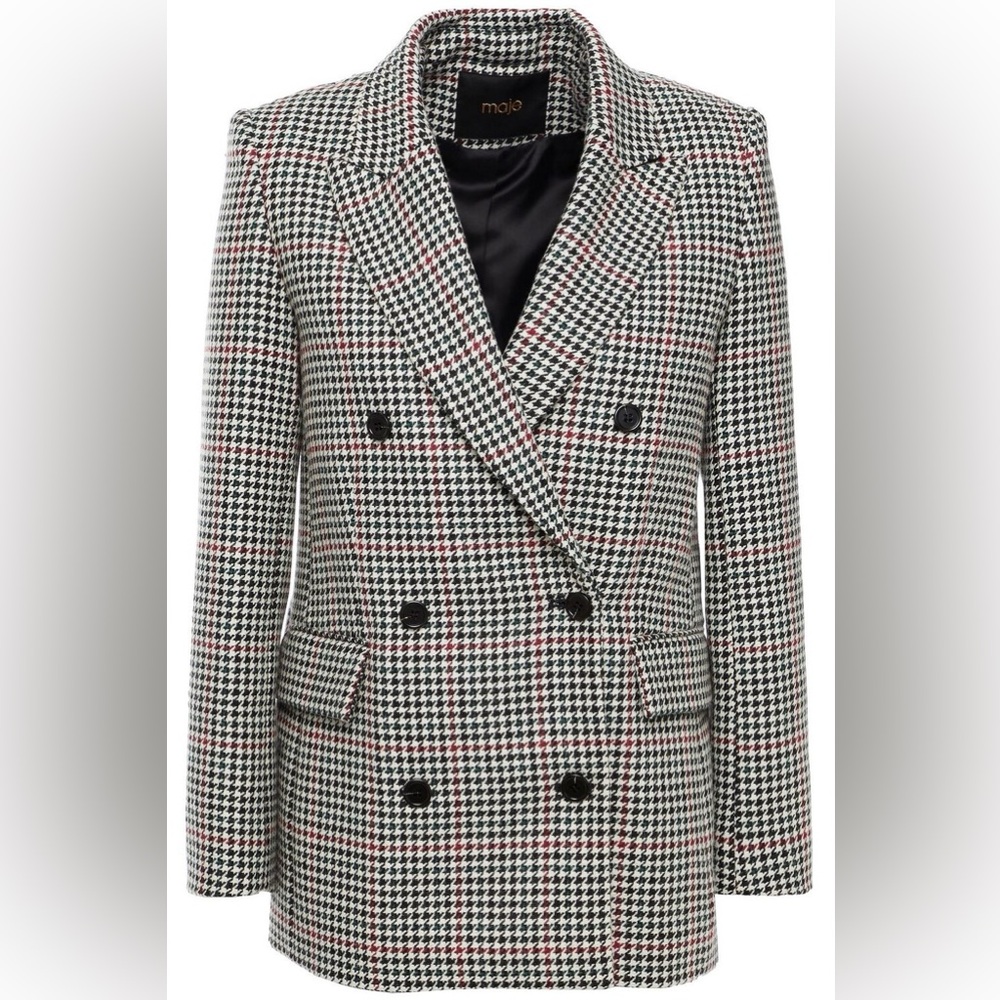 Maje Double Breasted Houndstooth Wool Blend Blazer